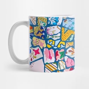 Antoni Gaudi Multi Pattern Print Design with Peacock Blue Background T-Shirt Mug